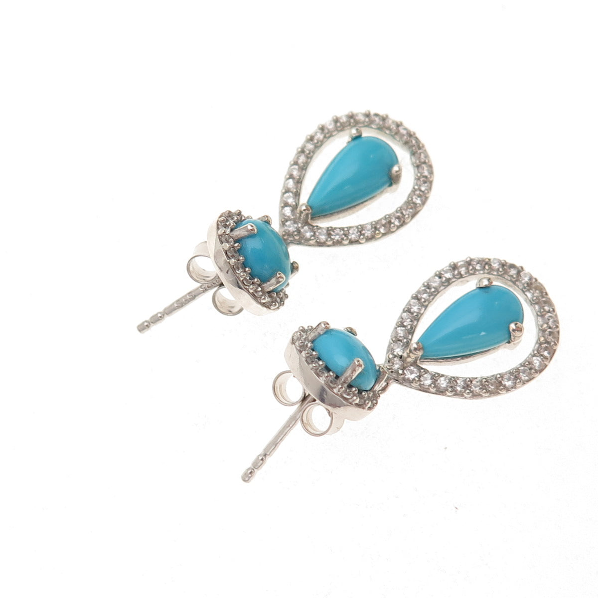 925 Sterling Silver Real Sleeping Beauty Turquoise & White Topaz Dangle Earrings
