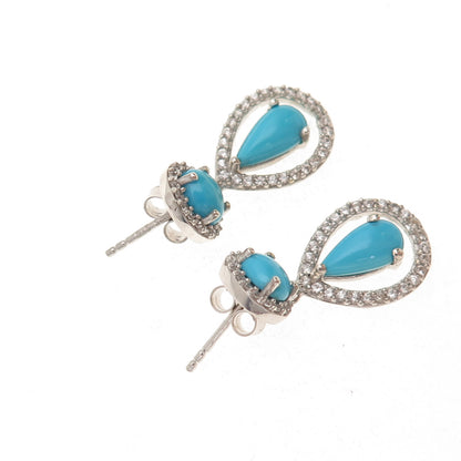 925 Sterling Silver Real Sleeping Beauty Turquoise & White Topaz Dangle Earrings