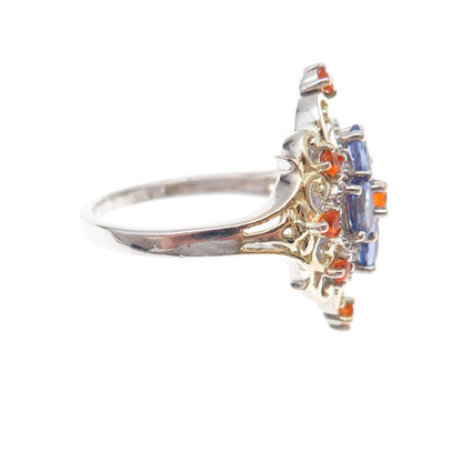 Chuck Clemency 925 Sterling Silver 2-Tone Real Tanzanite & Fire Opal Ring Size 8