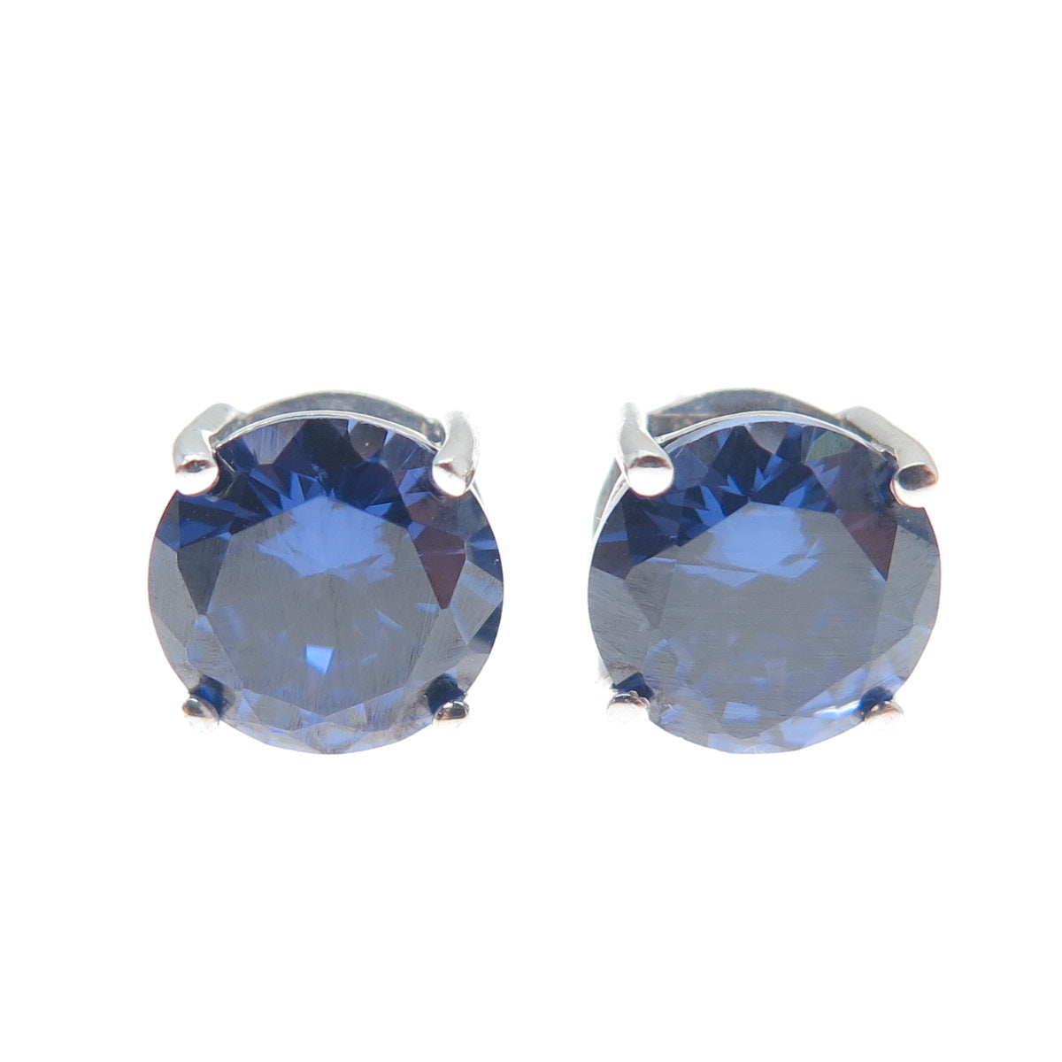 925 Sterling Silver Round-Cut Dark Blue C Z Stud Earrings