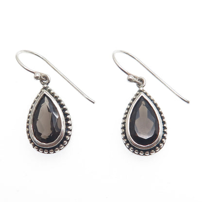 925 Sterling Silver Vintage Real Pear-Cut Smoky Quartz Dangle Earrings