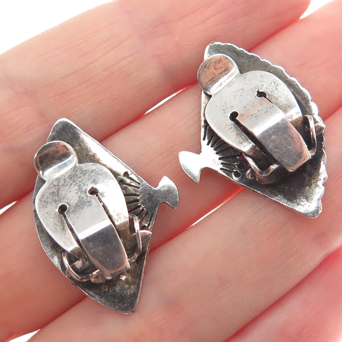 925 Sterling Silver Antique Siam Niello Fan Clip On Earrings