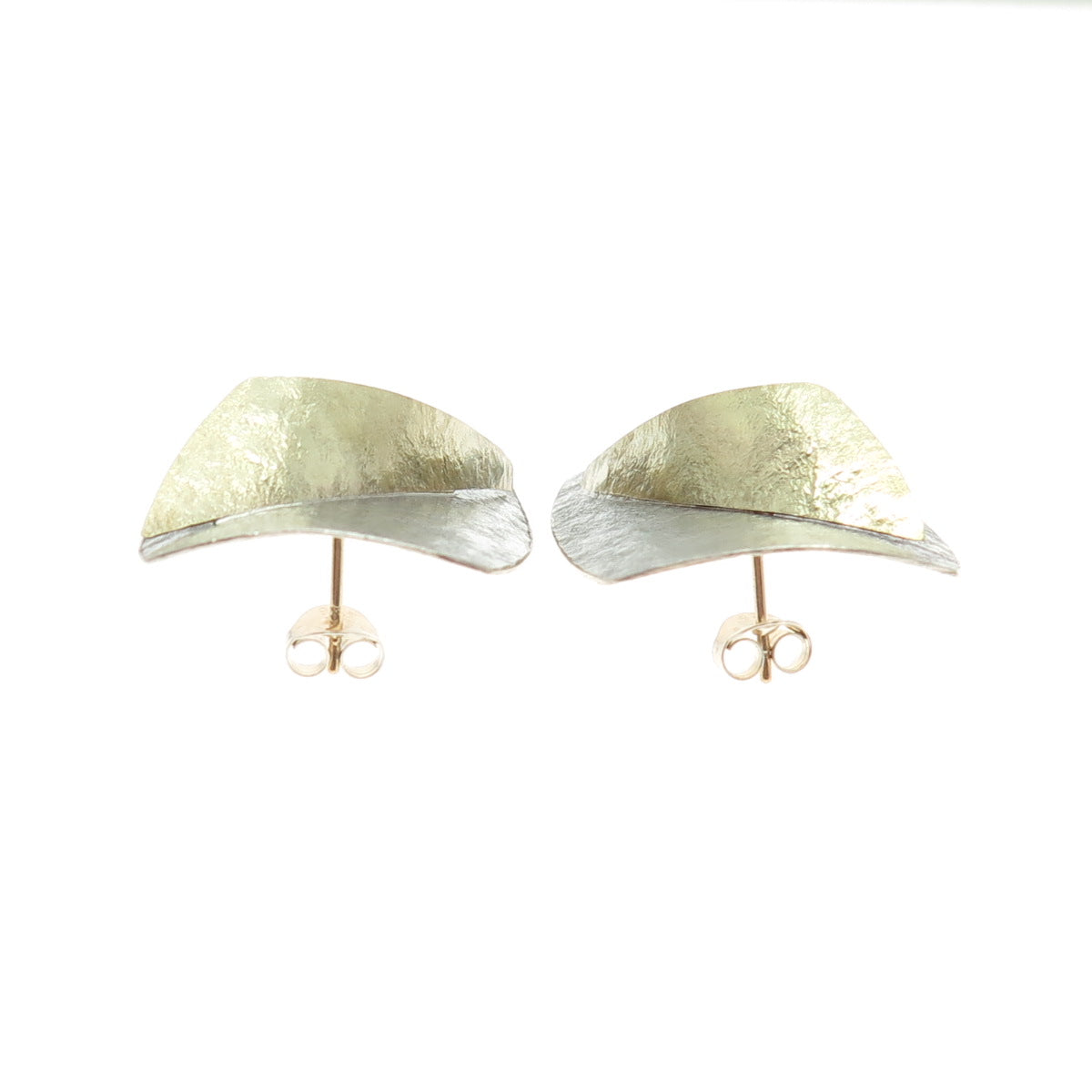 14K Yellow Gold & 925 Sterling Silver Vintage Modernist Brushed Petal Earrings