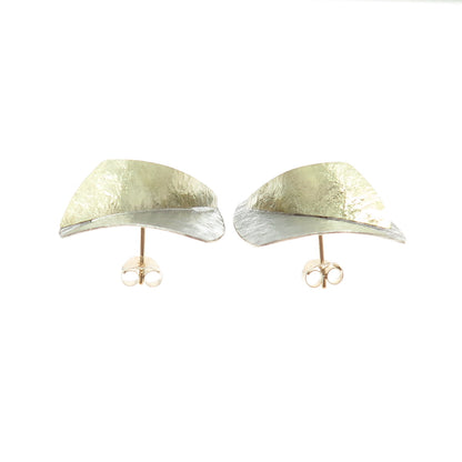 14K Yellow Gold & 925 Sterling Silver Vintage Modernist Brushed Petal Earrings