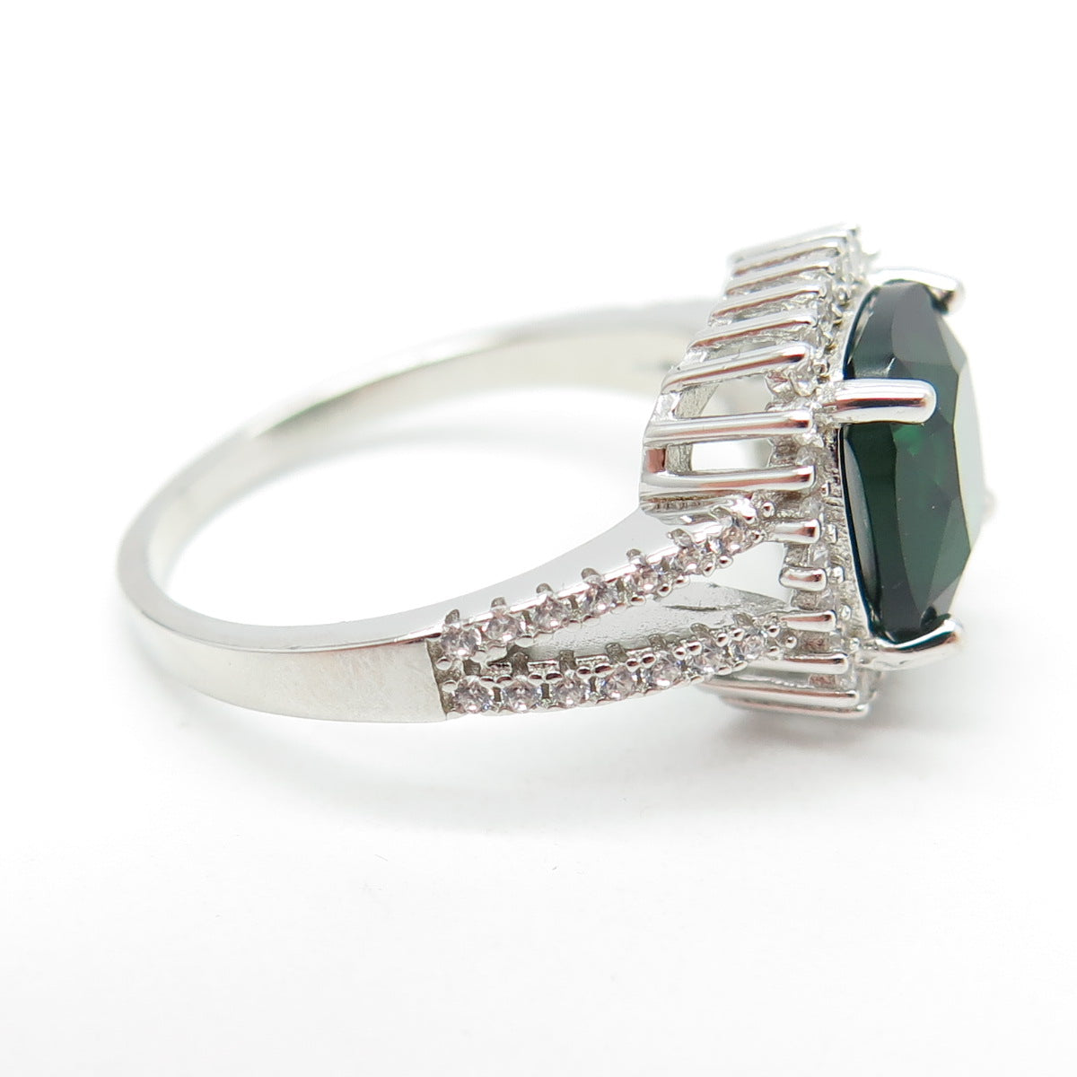 925 Sterling Silver Real Cushion-Cut Chrome Diopside & C Z Ring Size 9.25