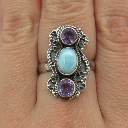 925 Sterling Silver Vintage Real Larimar & Amethyst Oxidized Ring Size 7.25