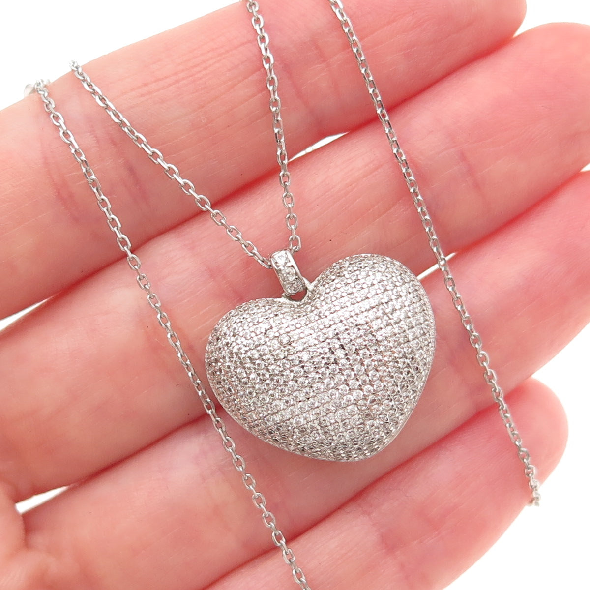 925 Sterling Silver Italy Round-Cut C Z Puffy Heart Cable Chain Necklace 16"