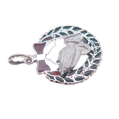 BEAU 925 Sterling Silver Vintage Enamel Christmas Wreath Praying Hands Pendant