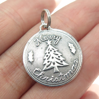 BEAU 925 Sterling Silver Vintage Merry Christmas Round Charm Pendant