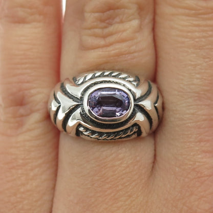 925 Sterling Silver Vintage Real Oval-Cut Amethyst Modernist Ring Size 6