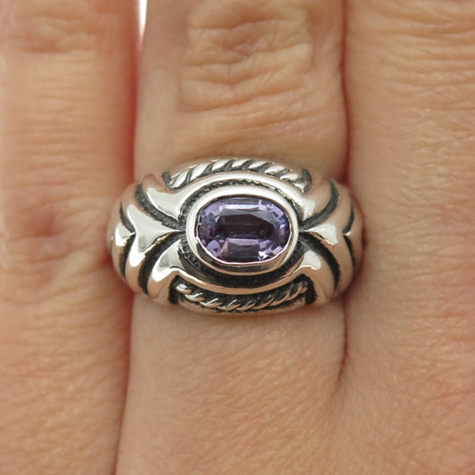 925 Sterling Silver Vintage Real Oval-Cut Amethyst Modernist Ring Size 6