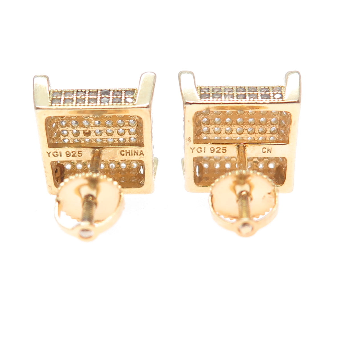 925 Sterling Silver Gold Plated Round-Cut C Z Square Stud Earrings