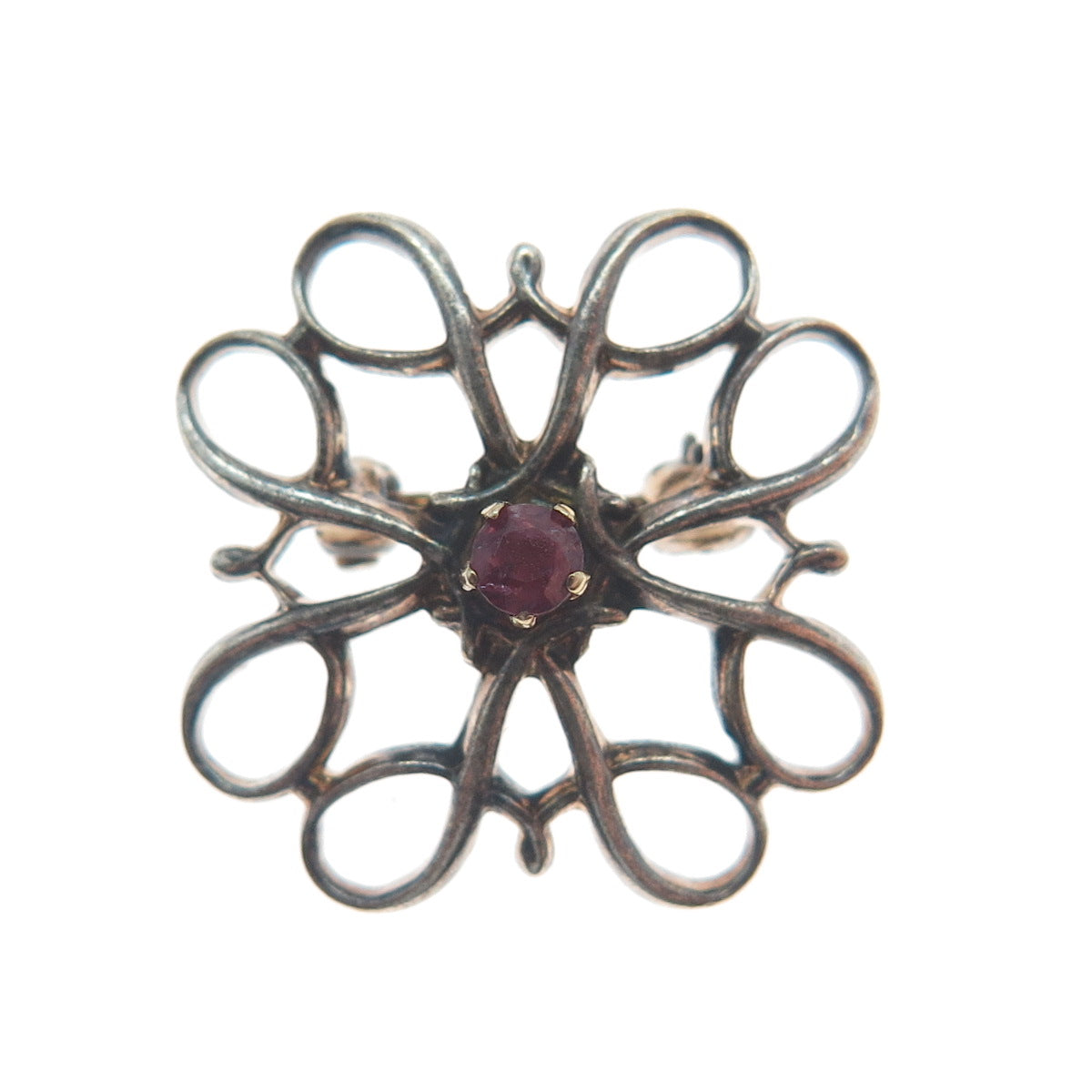 NUMBER ONE 925 Sterling Silver Vintage Real Ruby Swirl Flower Oxidized Brooch