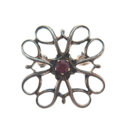 NUMBER ONE 925 Sterling Silver Vintage Real Ruby Swirl Flower Oxidized Brooch