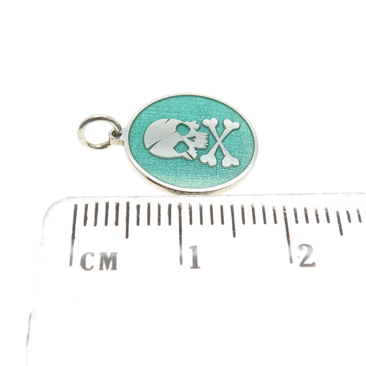 925 Sterling Silver Turquoise Enamel Crossbones Skull Minimalist Round Pendant