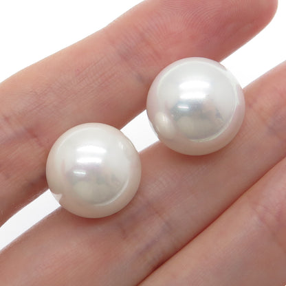 925 Sterling Silver Real Marcasite & Faux Pearl 10mm Double Sided Stud Earrings