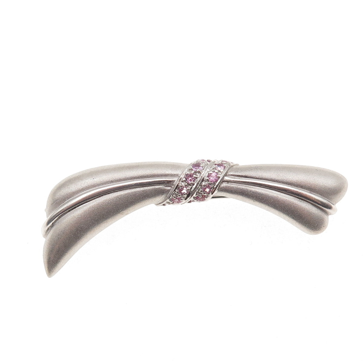 925 Sterling Silver Real Round-Cut Pink Sapphire Modernist Bow Pin Brooch