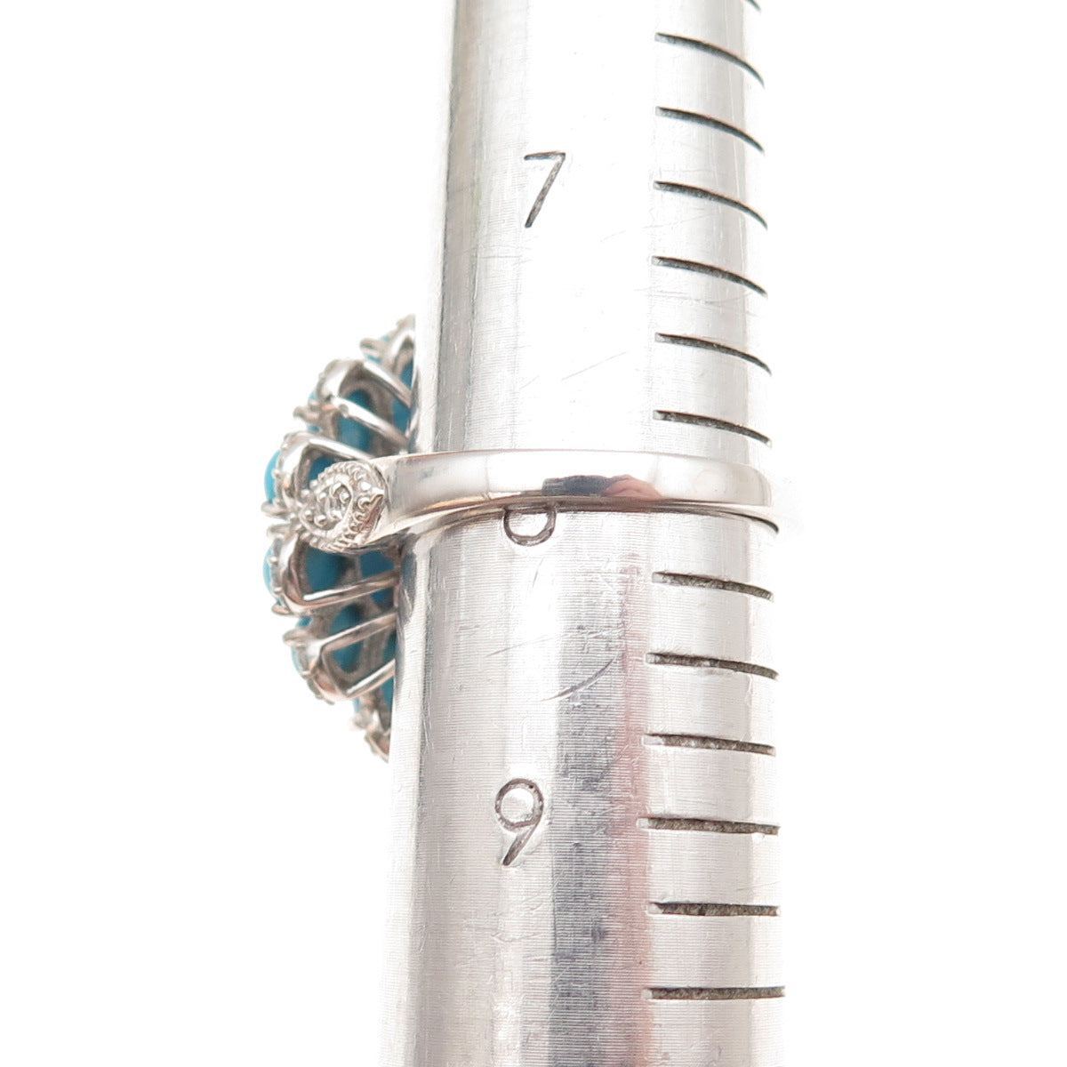 Chuck Clemency 925 Sterling Silver Real Turquoise White Topaz Floral Ring Size 8