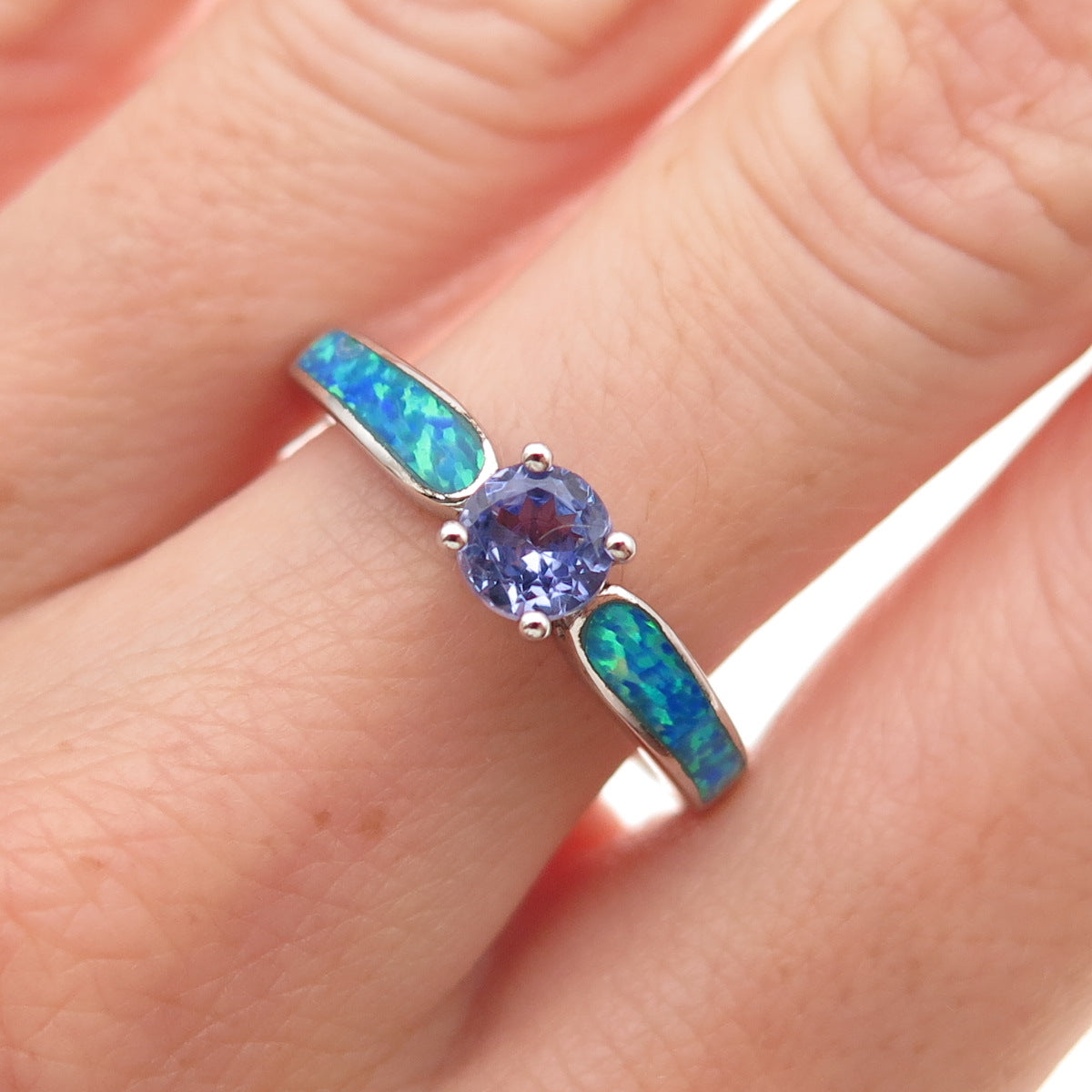 925 Sterling Silver Real Round-Cut Tanzanite & Opal Ring Size 8.25