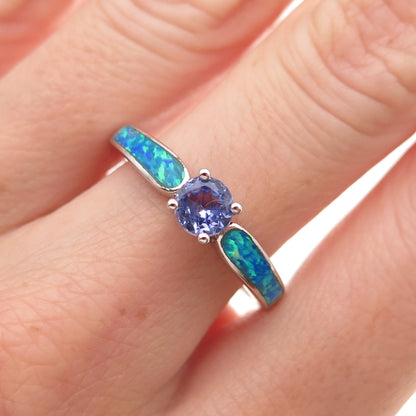 925 Sterling Silver Real Round-Cut Tanzanite & Opal Ring Size 8.25