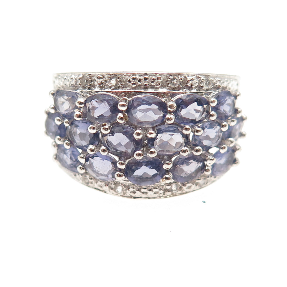 925 Sterling Silver Real Oval-Cut Iolite & Round-Cut White Topaz Ring Size 8.5
