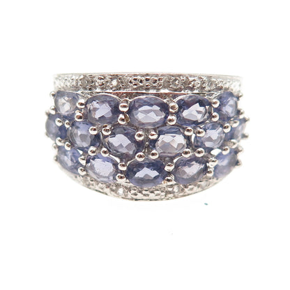 925 Sterling Silver Real Oval-Cut Iolite & Round-Cut White Topaz Ring Size 8.5
