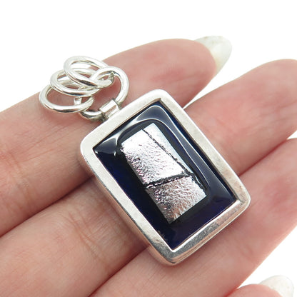 925 Sterling Silver Vintage Blue Glass Modernist Charm Pendant