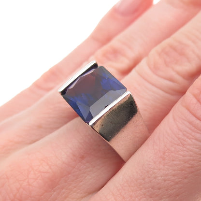 925 Sterling Vintage Lab-Created Peacock Sapphire Modernist Ring Size 7.25