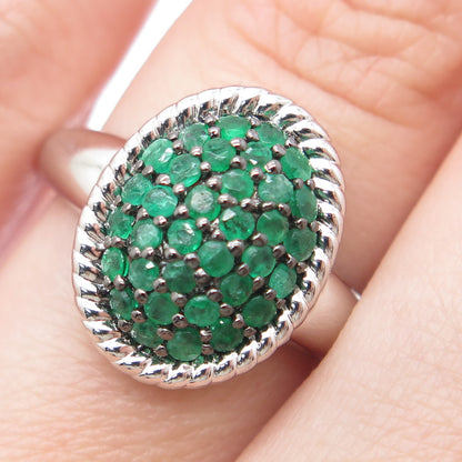 J. STELLA 925 Sterling Silver Real Round-Cut Emerald Cluster Ring Size 7.25