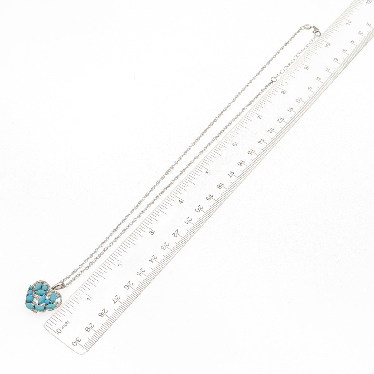 925 Sterling Silver Real Turquoise & White Topaz Heart Chain Necklace 16-18"