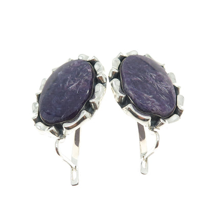 925 Sterling Silver Vintage Portugal Real Charoite Gemstone Modernist Earrings