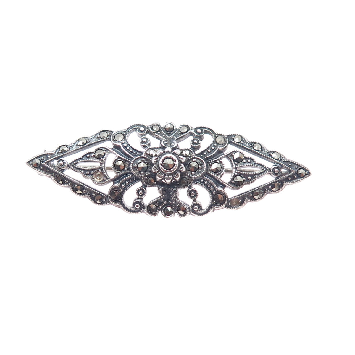 925 Sterling Silver Antique Art Deco Real Marcasite Brooch (missing 2 stones)