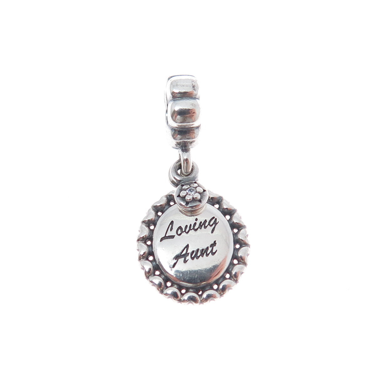 PANDORA 925 Sterling Silver Round-Cut C Z Loving Aunt Heart Dangle Charm