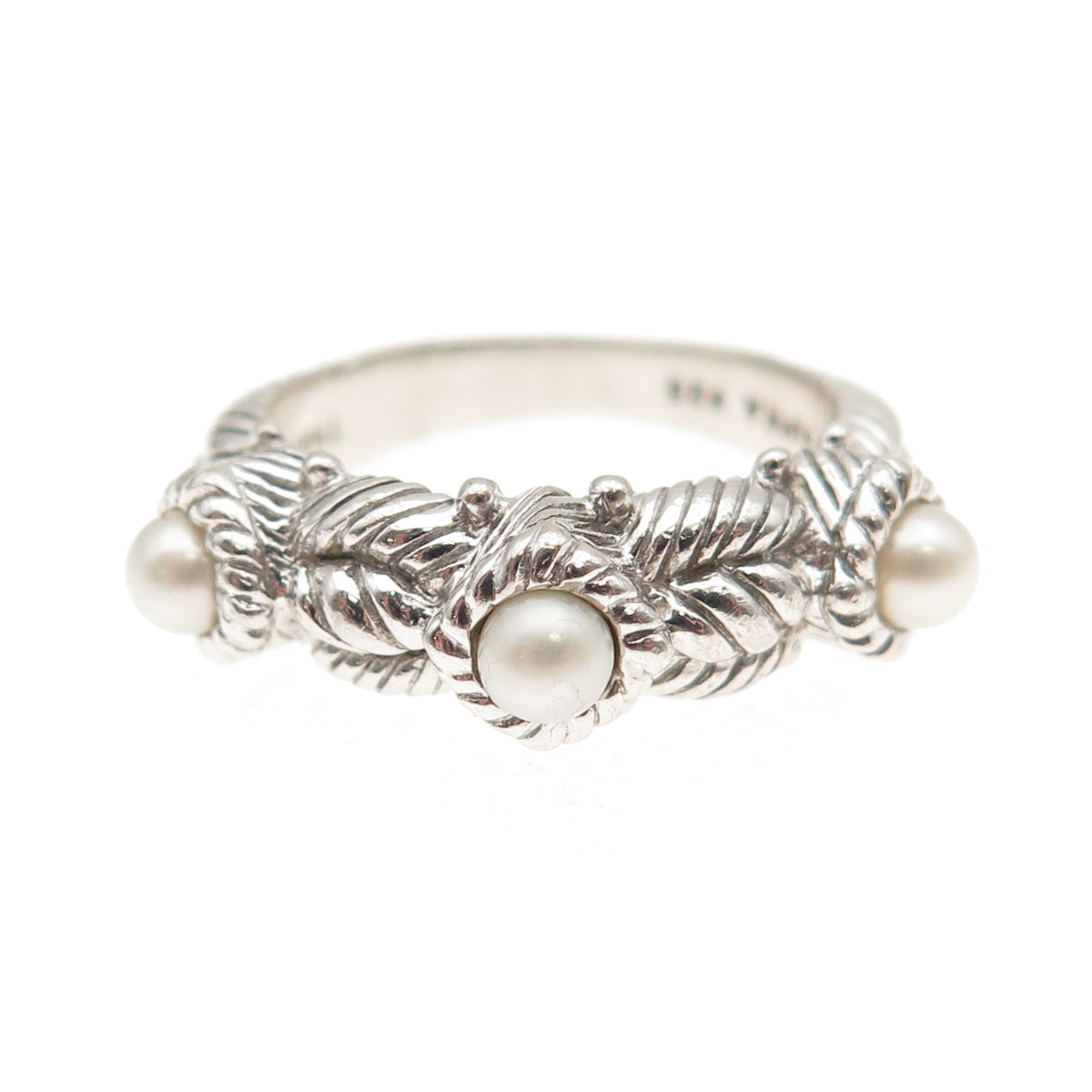 Judith Ripka 925 Sterling Silver Vintage Real Pearl Station Ring Size 6