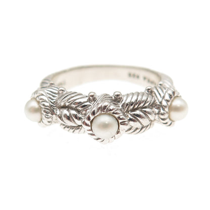 Judith Ripka 925 Sterling Silver Vintage Real Pearl Station Ring Size 6