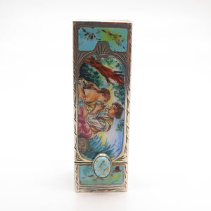 800 Silver Antique Italy Real Turquoise Gemstone & Enamel Ornate Lipstick Holder
