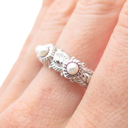 JUDITH RIPKA 925 Sterling Silver Real Pearl 3-Station Ring Size 10