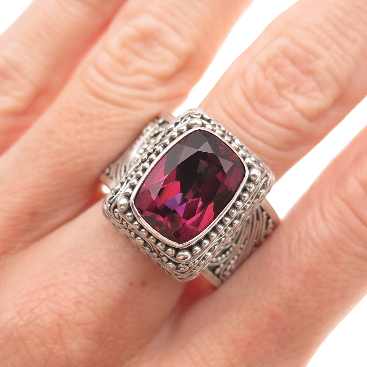 Sarda 925 Sterling Silver Vintage Real Mystic Quartz Oxidized Ring Size 12.25