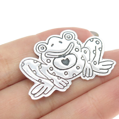 925 Sterling Silver Vintage Mexico Frog Heart Lucky Pin Brooch