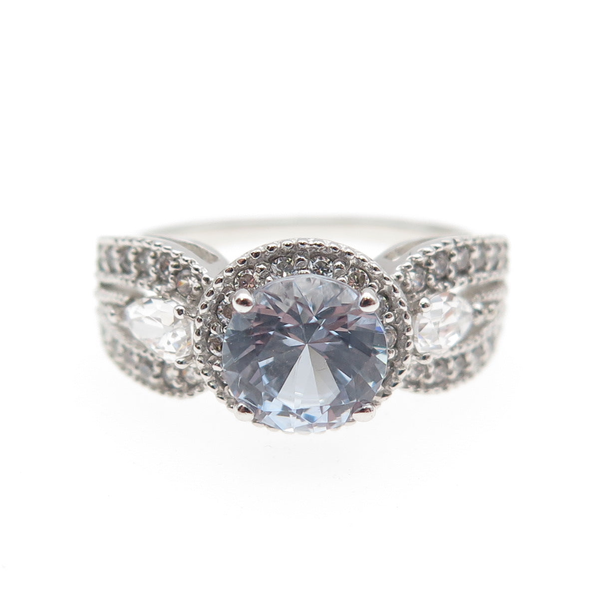 925 Sterling Silver Round & Pear-Cut C Z Engagement Ring Size 7.25