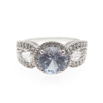 925 Sterling Silver Round & Pear-Cut C Z Engagement Ring Size 7.25