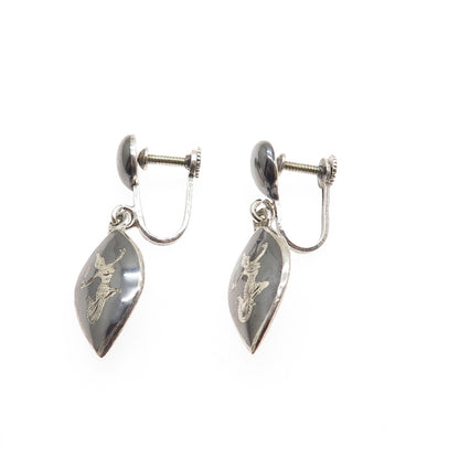 925 Sterling Silver Antique Siam Niello Hindu Goddess Screw Back Earrings