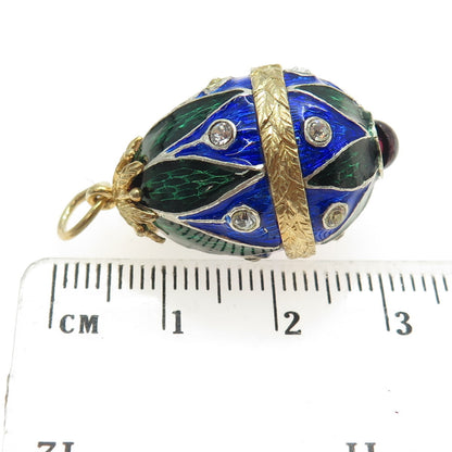 925 Sterling Silver Vintage Vermeil Enamel Cabochon Garnet & Rhinestone Pendant