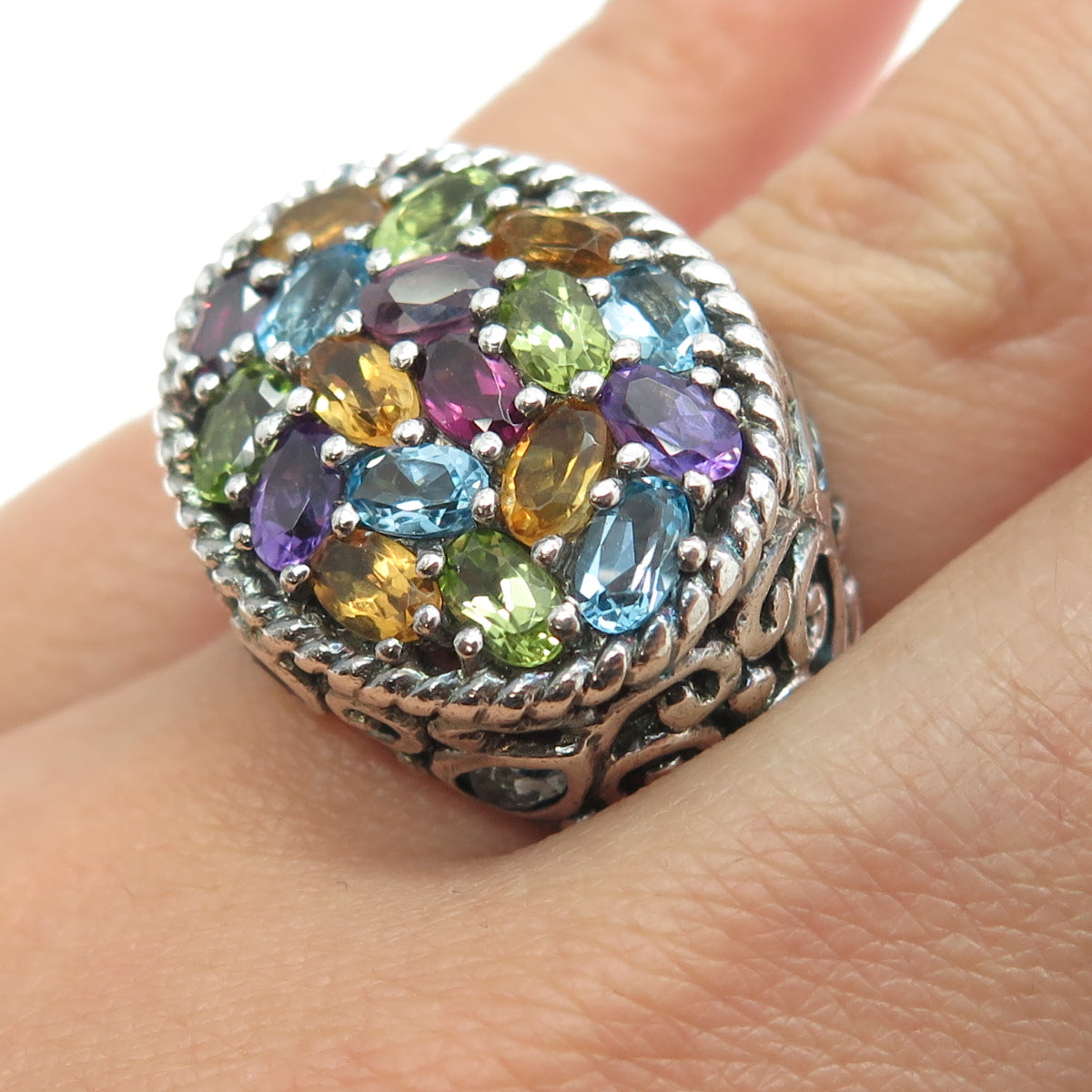 925 Sterling Silver Vintage Amethyst Citrine Peridot Topaz Gem Ring Size 7.25