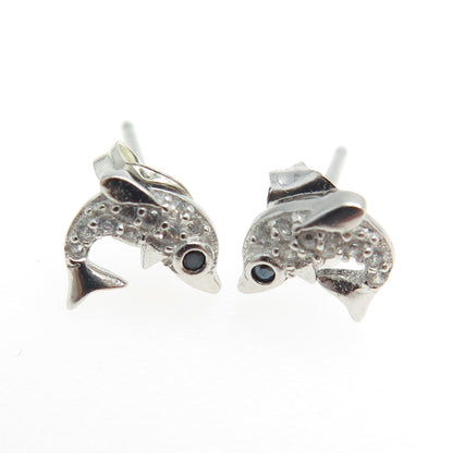 925 Sterling Silver Round-Cut Black & White C Z Friendly Dolphin Stud Earrings