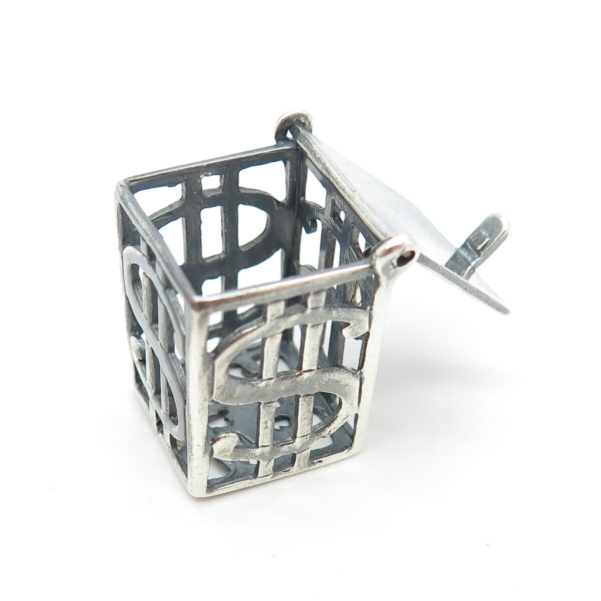 925 Sterling Silver Vintage Dollar Sign Box Locket 3D Pendant