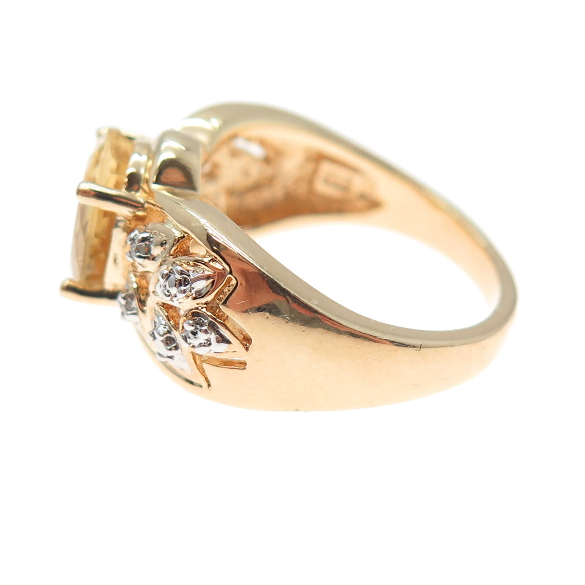 ROSS SIMONS 925 Sterling Silver Gold Plated Real Diamond & Citrine Ring Size 7.5