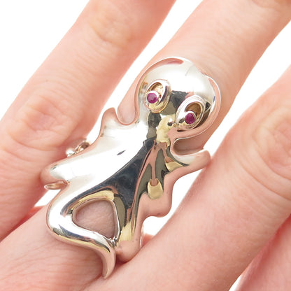 925 Sterling Silver Vintage Real Ruby Modernist Octopus Ring Size 5.5-6.5