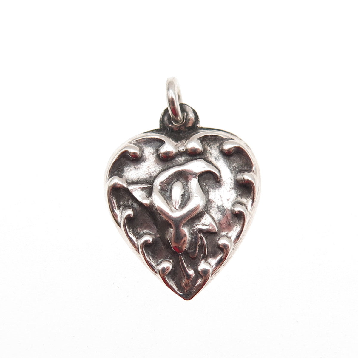 925 Sterling Silver Antique Art Deco Calla Lily Chatelaine Heart Mini Pendant
