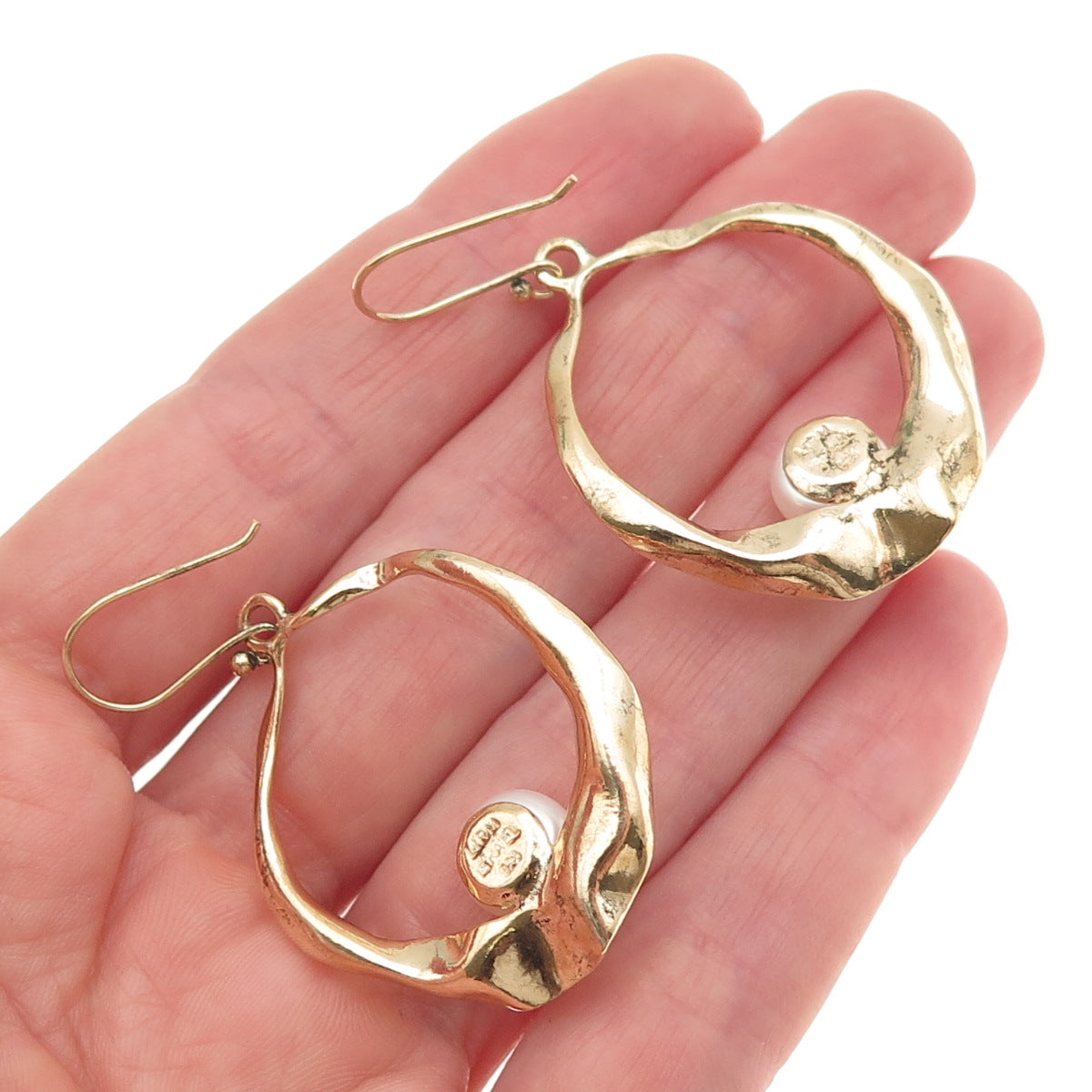LIRM Sterling Silver Gold Plated Vintage Israel Real Pearl Modernist Earrings